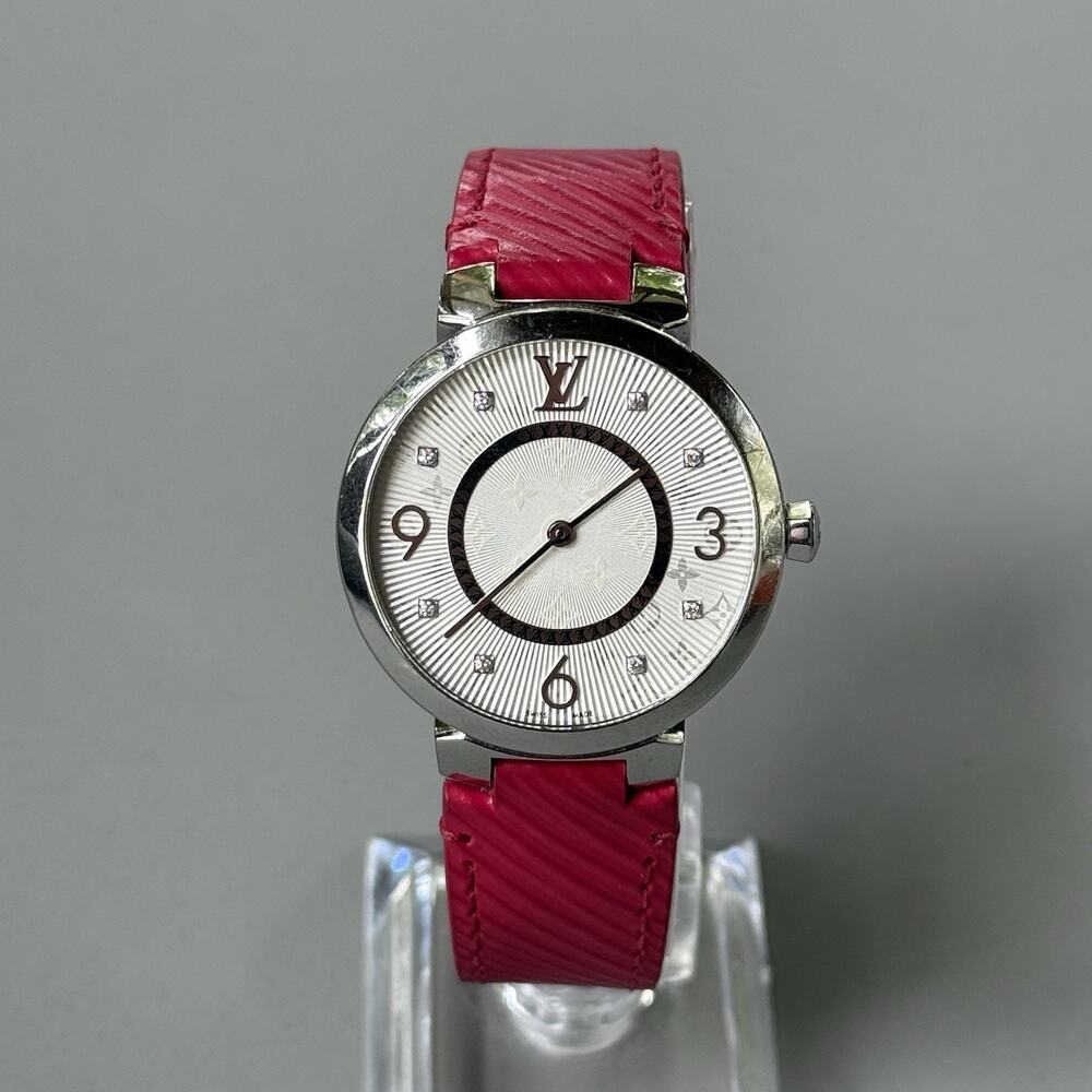 Louis Vuitton Watch Vernis Tambour Quartz 28mm Pink Epi Leather Strap Working